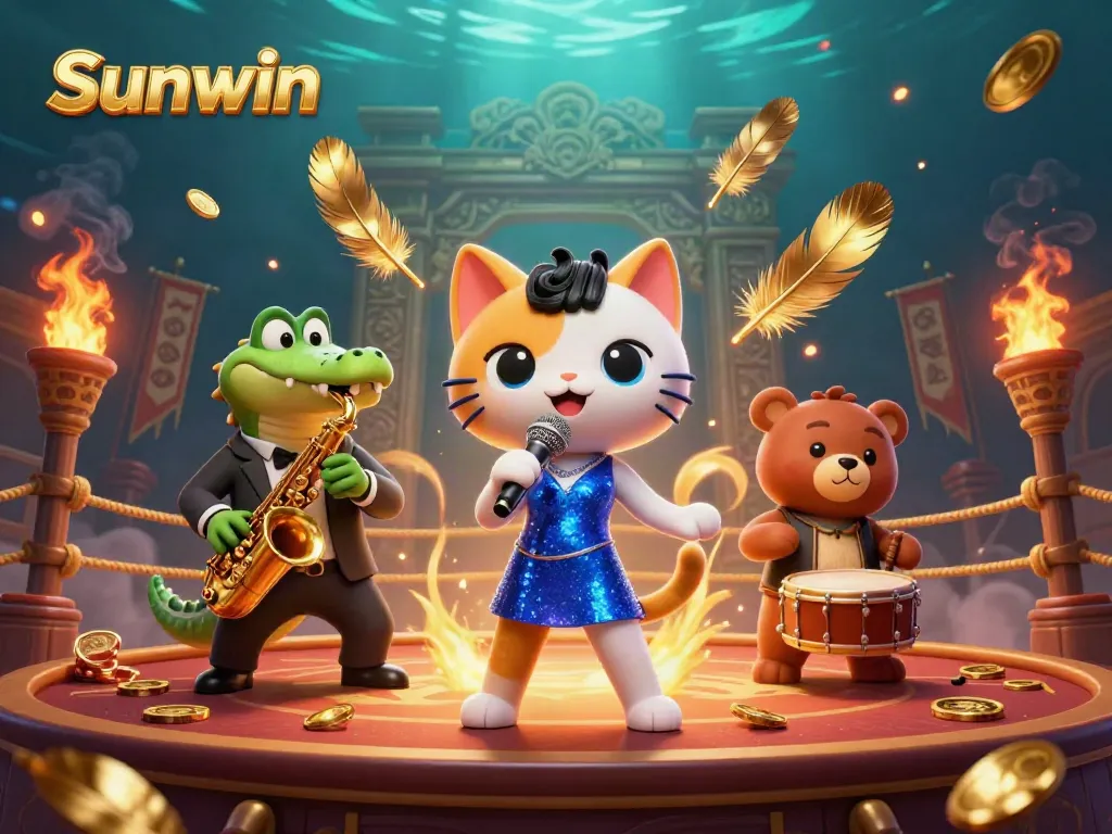 Experience the vibrant casino atmosphere with Sunwin featuring a singing cat, a saxophone crocodile, and a drumming bear.