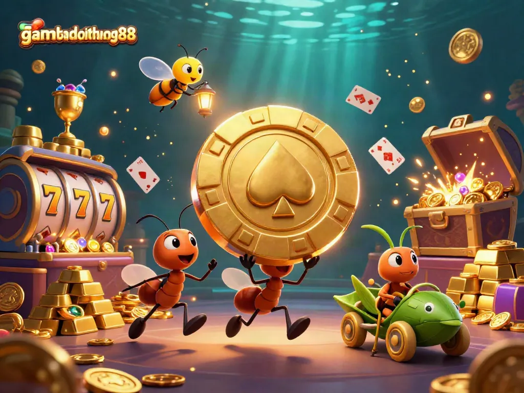 Experience excitement at gamebaidoithuong88 with ants heisting a giant poker chip in a vibrant casino scene.