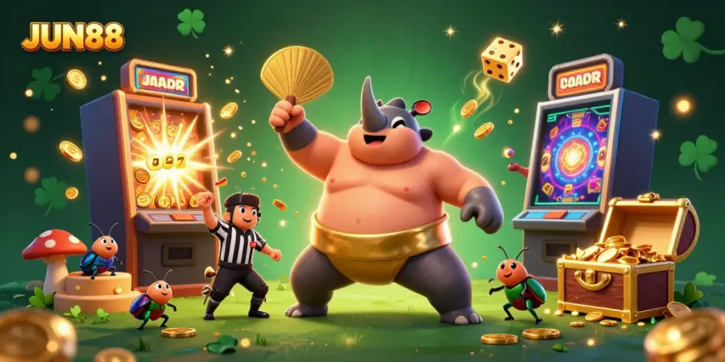 Experience thrilling betting action with JUN88's vibrant casino adventure featuring a sumo beetle champion.