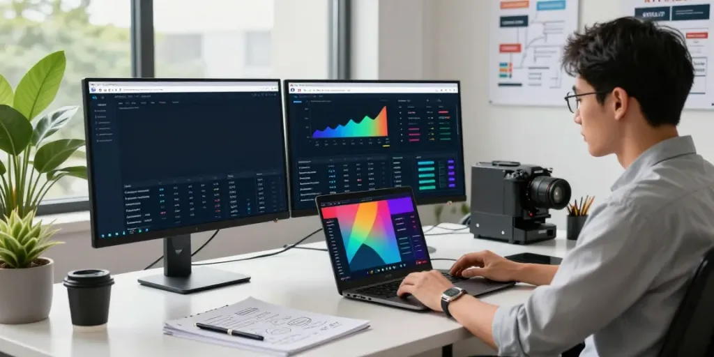 SEO specialist reviewing instant indexing metrics in a modern office