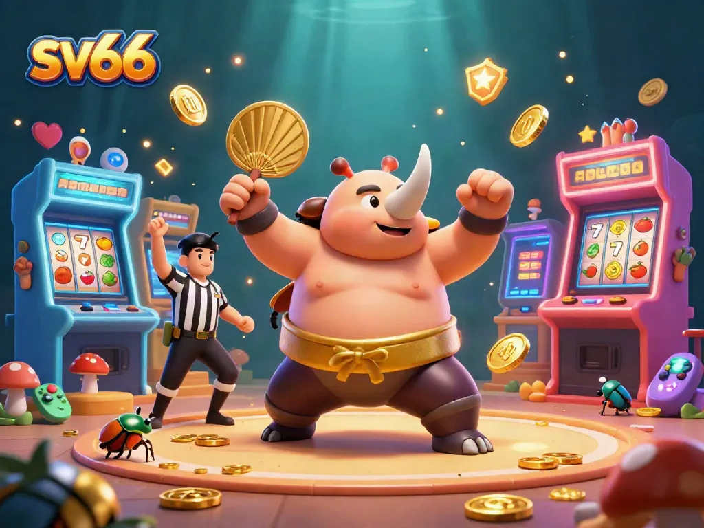 Engage with sv66's dynamic casino scene featuring a sumo beetle champion amidst golden coins and vibrant game elements.