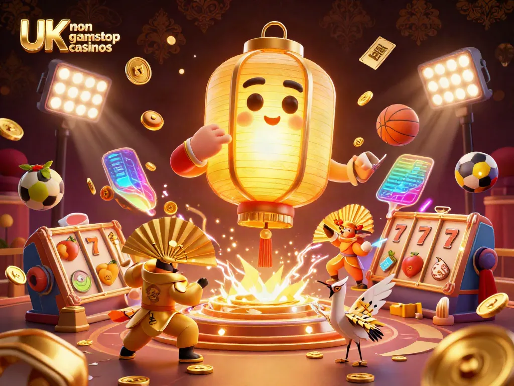 Experience a vibrant casino scene showcasing UK non gamstop casinos with dynamic characters and lively game elements.