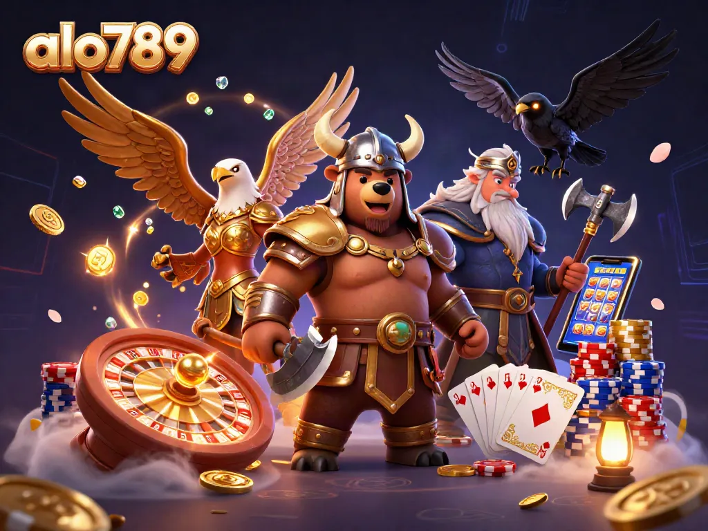 Spin to win with alo789 as Viking and Valkyrie celebrate casino fortunes in a dynamic 3D scene.