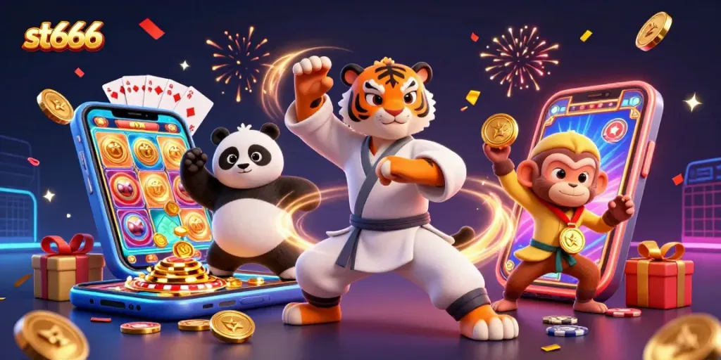 Play games and win at st666 with a vibrant 3D casino scene featuring cartoon characters, slots, and gold coins.