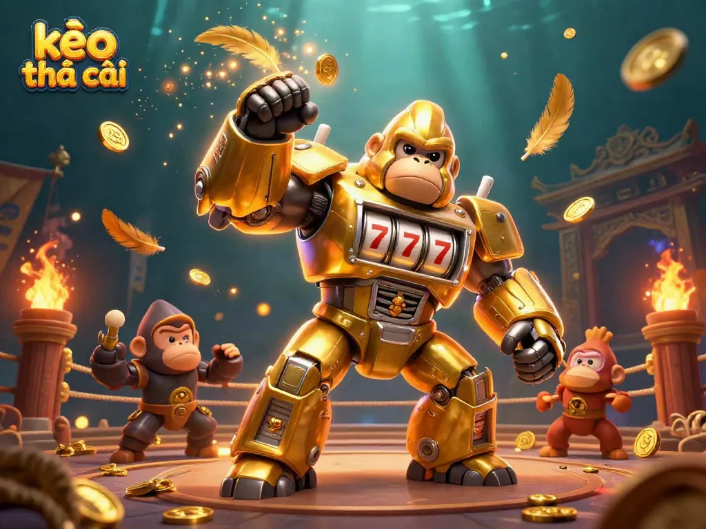 Engage with kèo nhà cái through a dynamic 3D scene featuring a golden gorilla mech and casino elements.