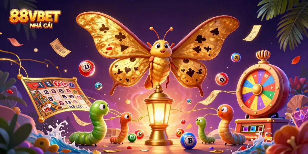 Engage with the vibrant 88VBET NHÀ CÁI themed gaming scene filled with lively lottery elements and a majestic moth.