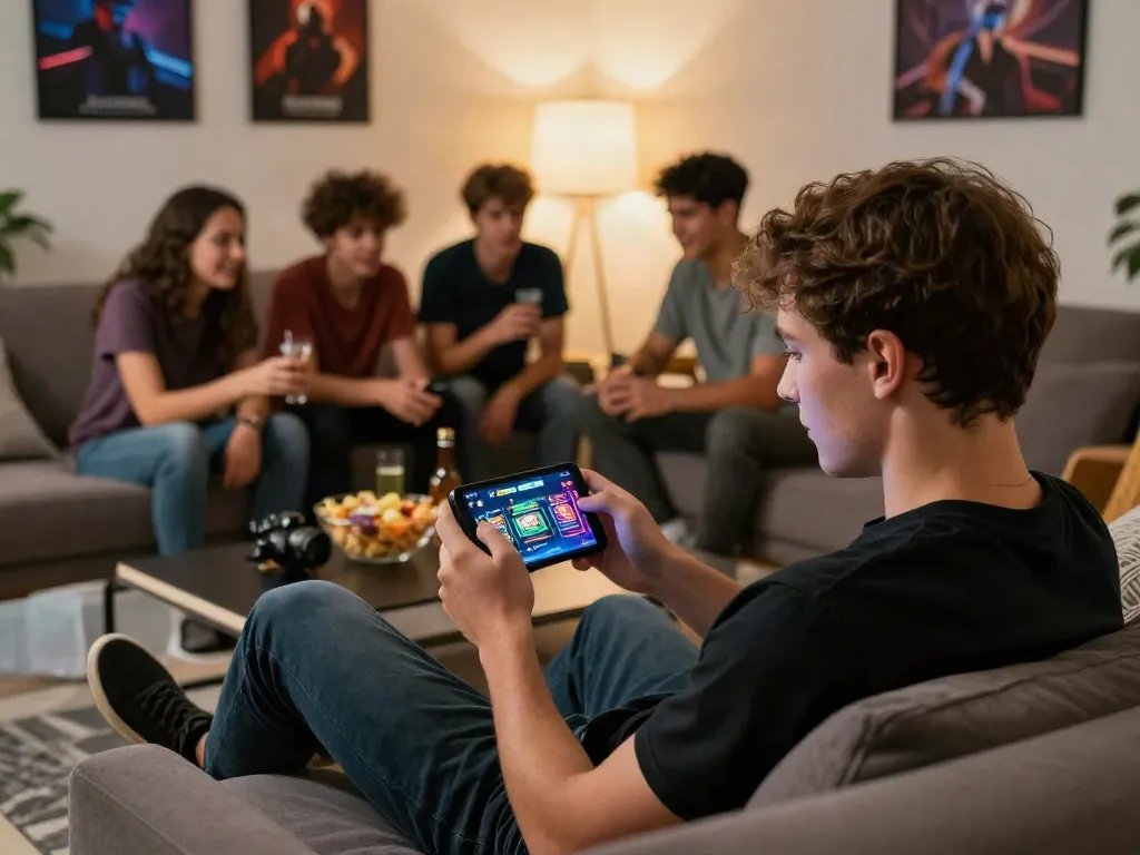Engaging night scene of friends enjoying the 11bet app in a cozy home.