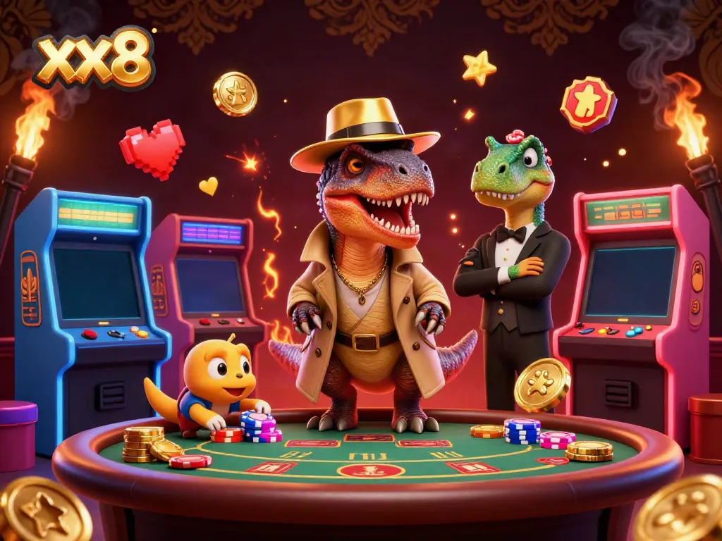xx8 gaming scene featuring cartoon velociraptor and stegosaurus characters engaged at a blackjack table.