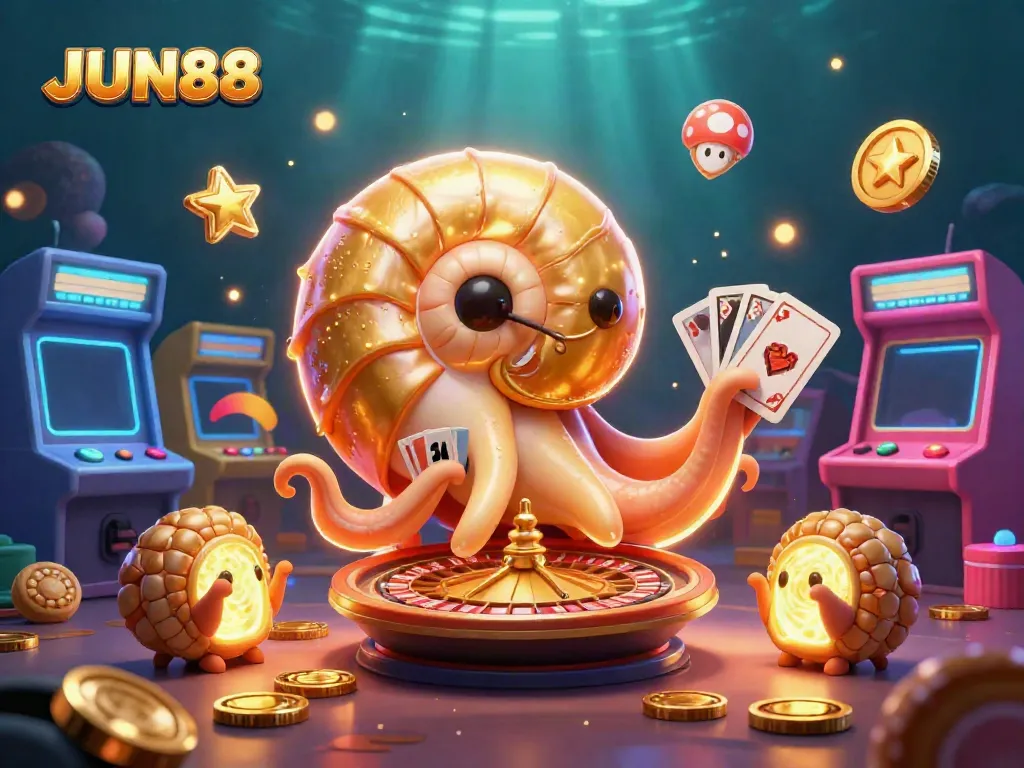 Experience vibrant gaming thrills at JUN88 with 3D nautilus and neon elements lighting up the casino.