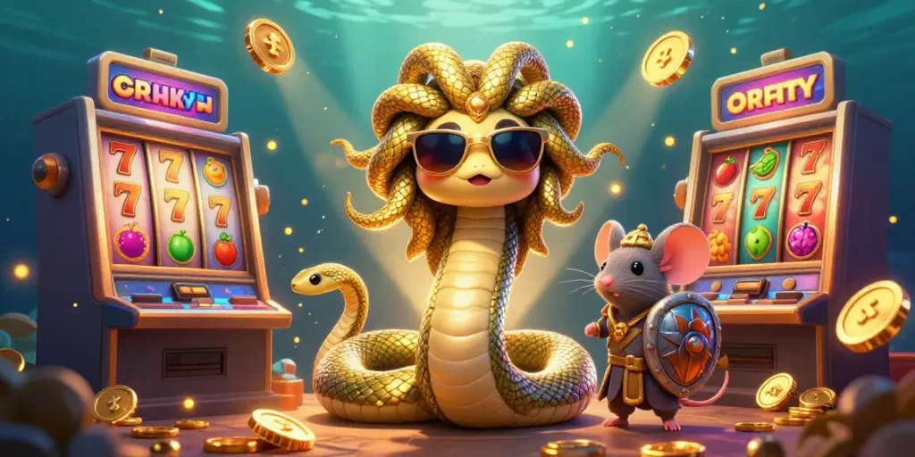 Experience the thrill of taixiuvin with Medusa and a warrior mouse in a vibrant slot scene.