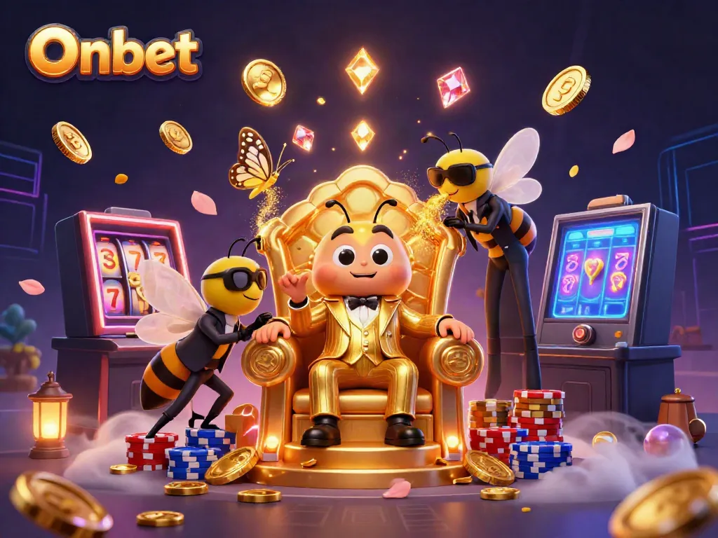 Experience the thrill of Onbet's slot machines with this vibrant casino illustration full of action.