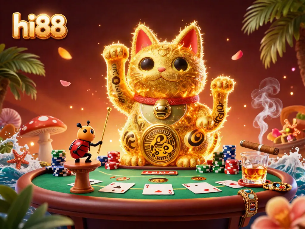 Engage with the vibrant hi88 online casino scene featuring a lucky cat and dynamic poker elements.