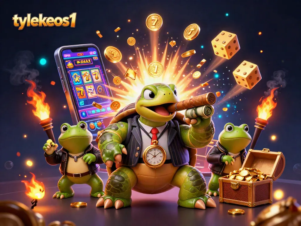 Engage with tylekeos1's lively casino scene featuring cartoon characters amid a jackpot explosion.