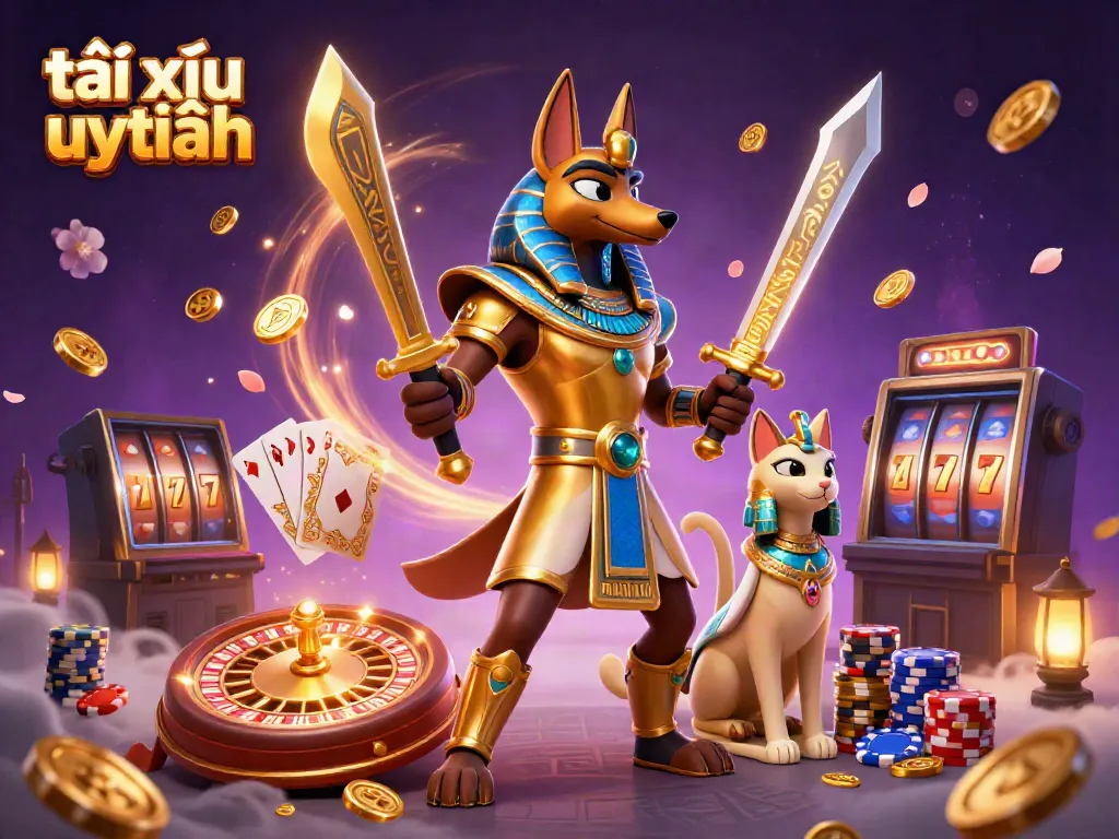 Experience the excitement of tài xỉu uy tín with dynamic symbols and characters in a vibrant scene.