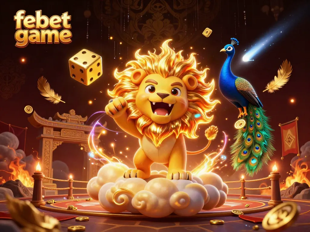 Experience the thrill of the febet game with our vibrant casino-themed illustration featuring a roaring lion and cosmic dice.