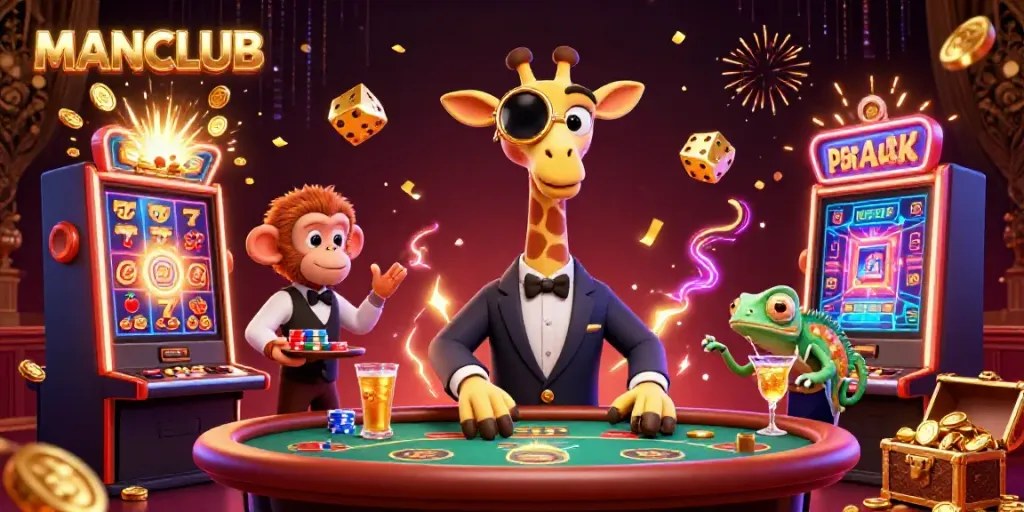 MANCLUB highlights vibrant gaming action with a giraffe, valet monkey, and chameleon bartender in a dazzling casino scene.