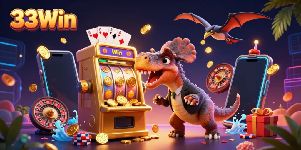 33Win features a pachycephalosaurus celebrating a jackpot payout as a cartoon pteranodon catches flying coins.