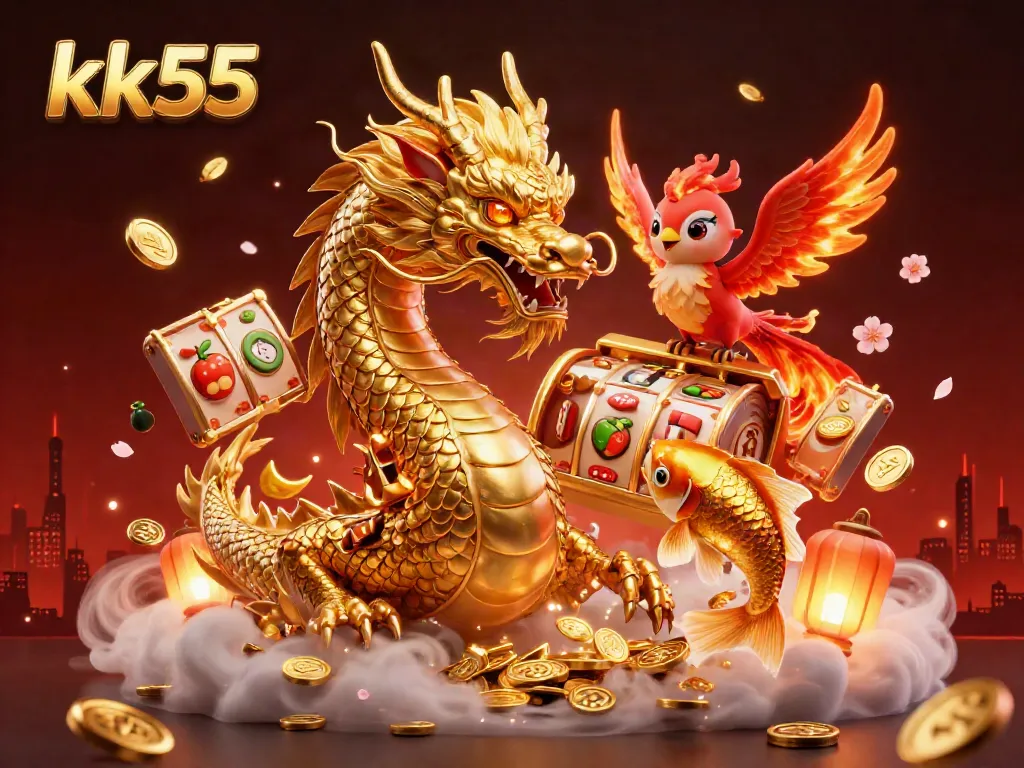 Experience the excitement of kk55 with thrilling slot games, a golden dragon, and cascading coins.