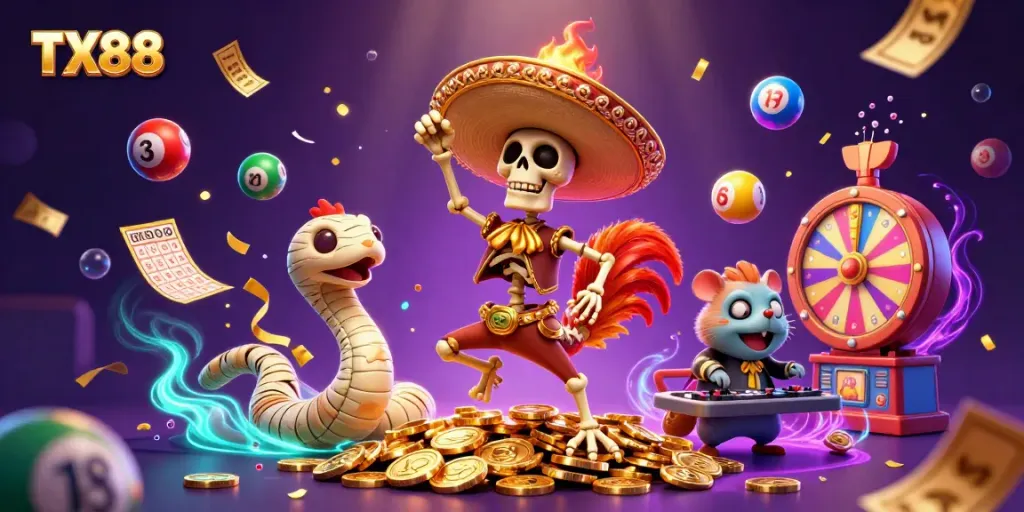 TX88 offers players a vibrant casino experience with colorful scenes filled with games, characters, and excitement.