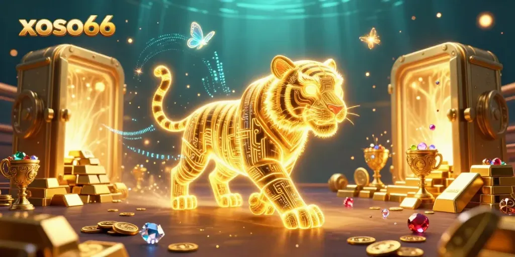 Engage with xoso66’s vibrant 3D casino world featuring a glowing tiger amid treasures.