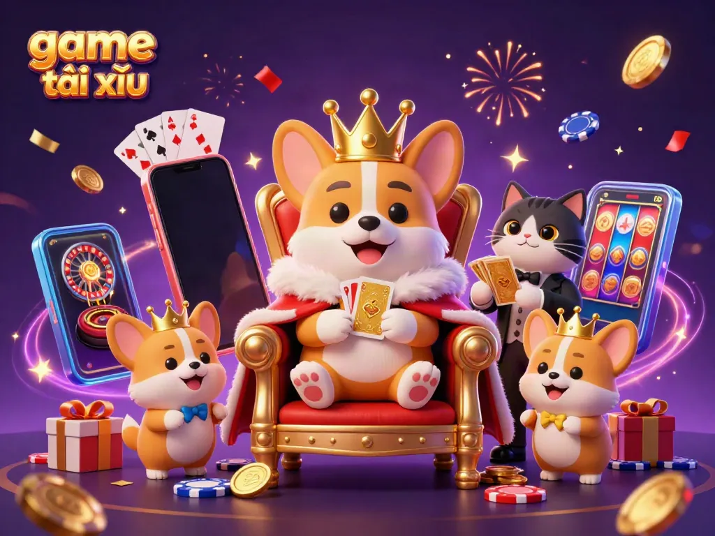 Experience the excitement of game tài xỉu with a vibrant 3D illustration of a royal corgi and cat butler in a casino scene.