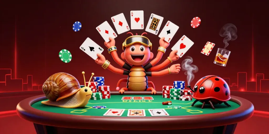 Engage with JJJPH’s vibrant casino atmosphere featuring a unique cartoon millipede dealer.