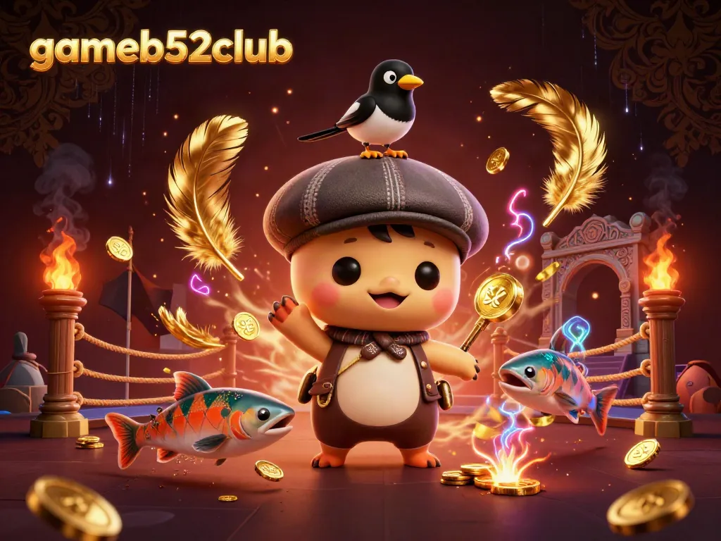 Experience thrilling gaming action with gameb52club in a lively casino illustration filled with vibrant characters and golden tokens.