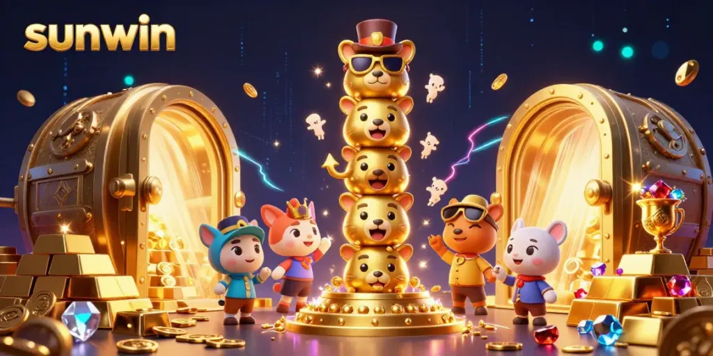 Experience vibrant gameplay at sunwin with a dynamic scene of treasures bursting from a golden vault.