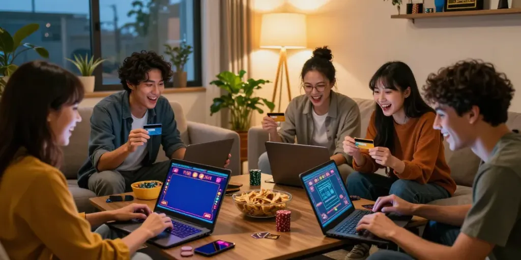 Friends enjoying an exciting game night with credit card casinos UK.