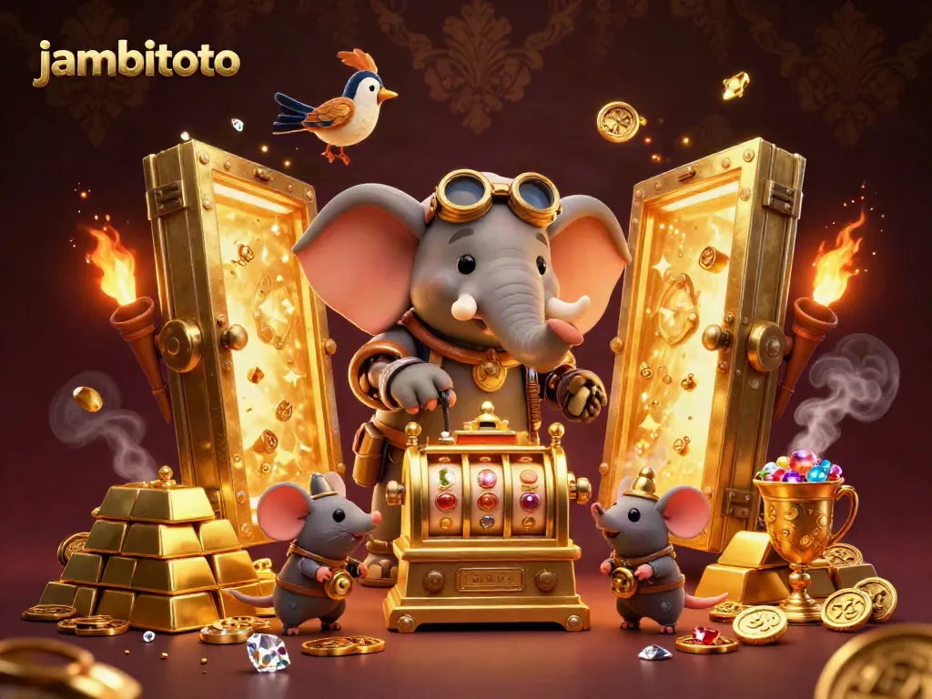 Play innovative slots with jambitoto, guided by a whimsical steampunk elephant engineer in a treasure-filled scene.