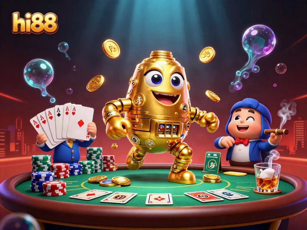 Experience the excitement of hi88 with a golden golem and vibrant poker scene filled with chips and cards.