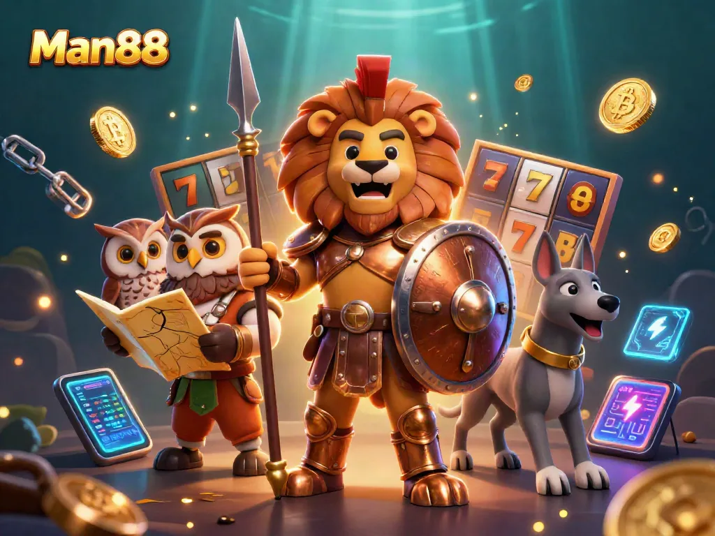 Experience thrilling gaming at Man88 featuring a heroic Spartan lion amidst dynamic slots and crypto elements.