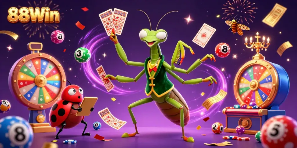 88Win showcases a vibrant casino scene with a praying mantis card sharp and ladybug pit boss amidst lively lottery elements.