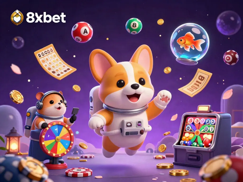 Join the thrilling 8xbet adventure with a corgi astronaut in a space casino scene bursting with excitement and energy.