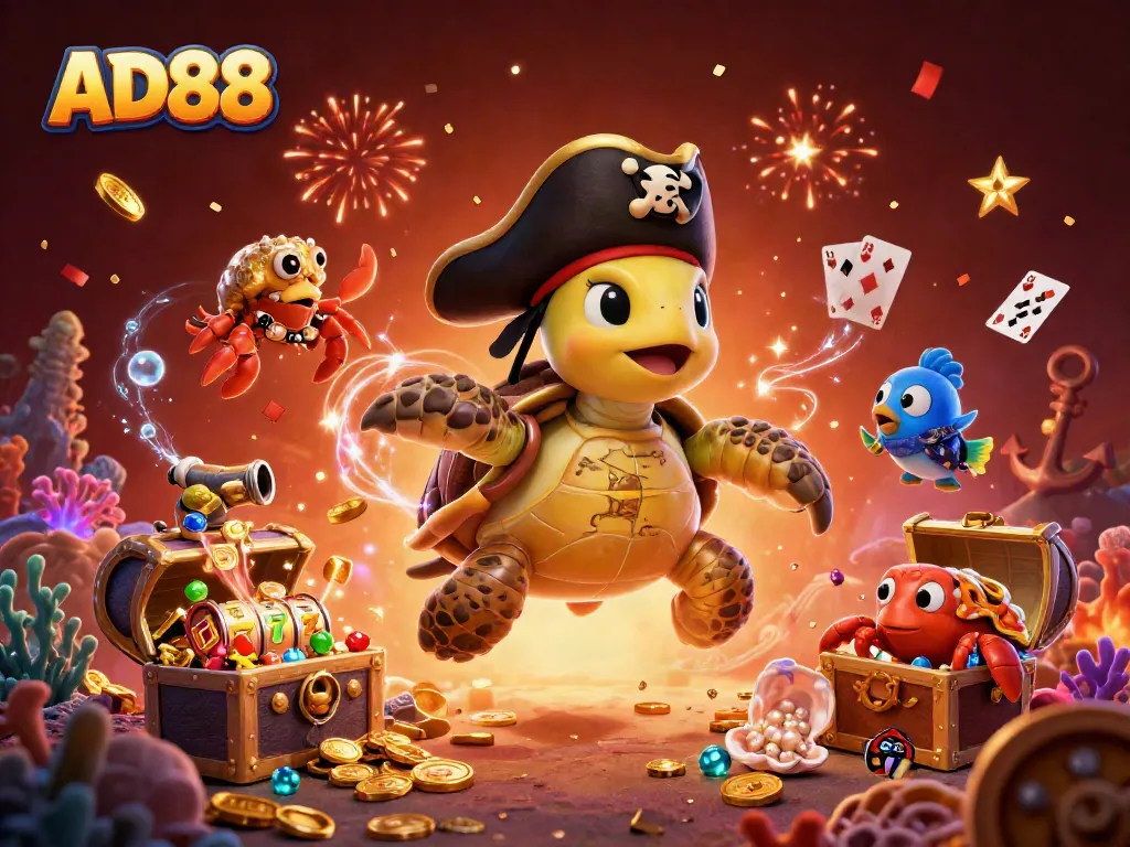 AD88's vibrant gaming scene featuring a pirate turtle, crab, and fish amidst dynamic casino elements.