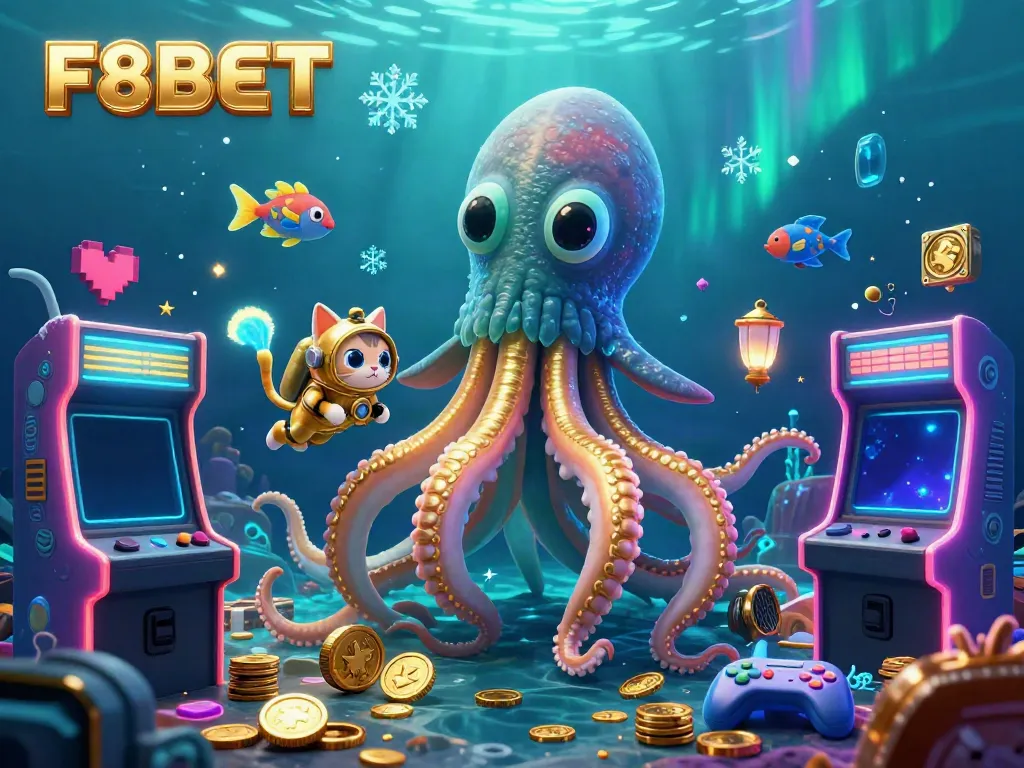 Experience the thrill of F8BET with this immersive 3D scene featuring a kraken and diving cat amidst vibrant casino games.