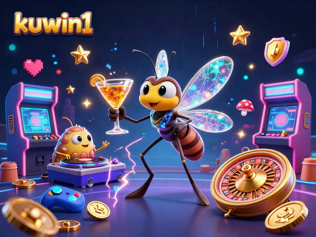 Kuwin1 casino mascot engaging players with vibrant games and dynamic neon energy.