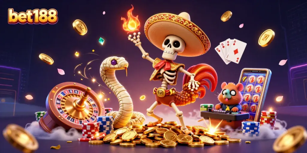 Bet188 features a festive skeleton mariachi rooster dancing on gold coins amidst a vibrant casino scene.