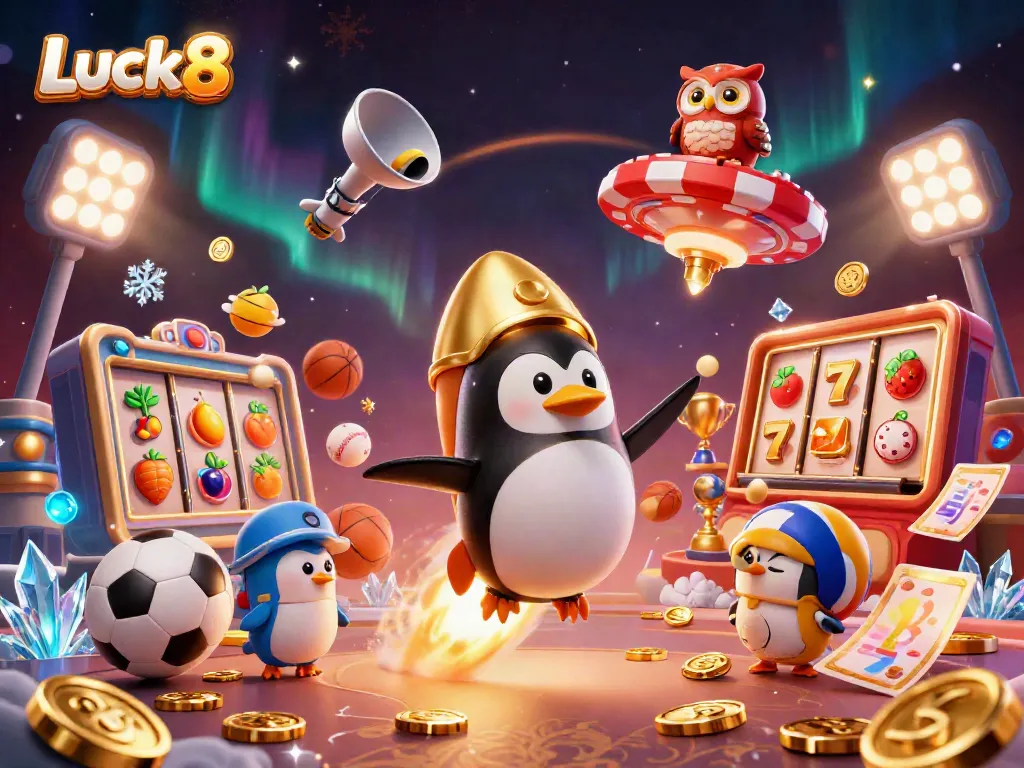 Experience Luck8's dynamic gaming with a golden penguin blasting through a casino-themed cosmic adventure.