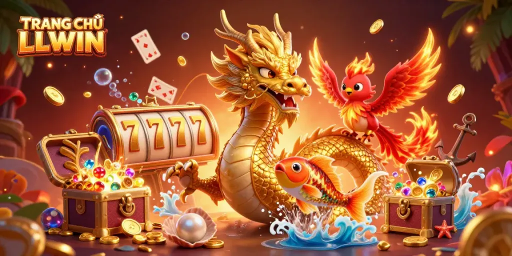 Experience thrilling wins at TRANG CHỦ LLWIN with a vibrant casino scene featuring a dragon and phoenix.