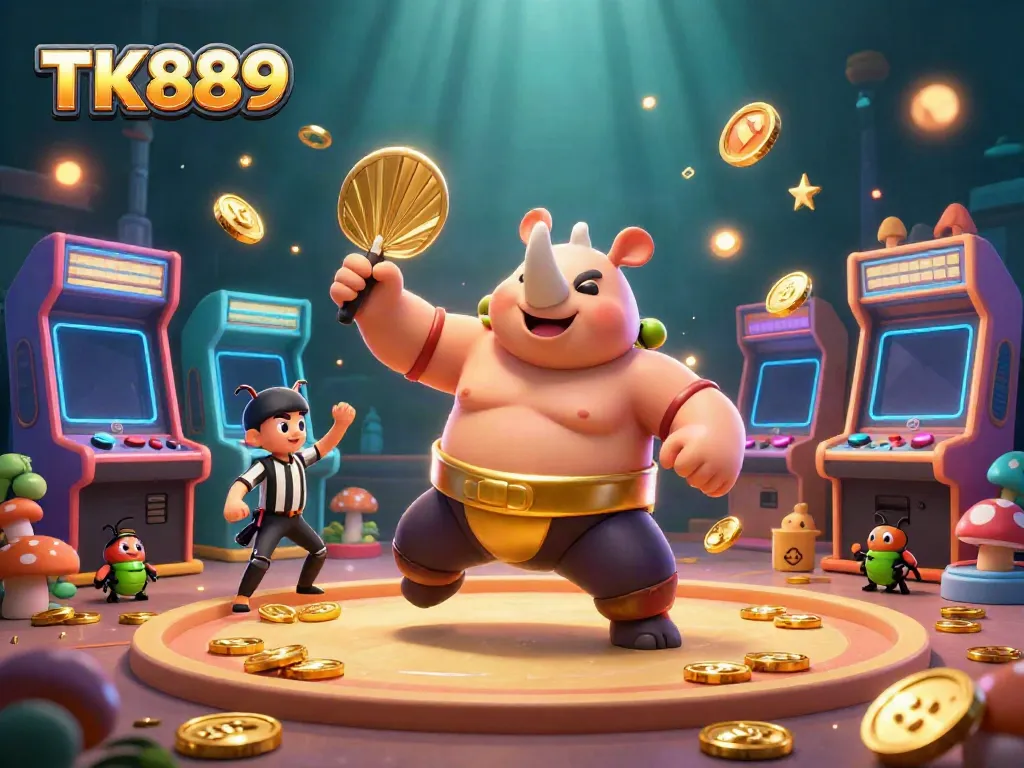 Experience thrilling gaming action at TK889 with a dynamic illustration of a sumo beetle champion and vibrant casino elements.