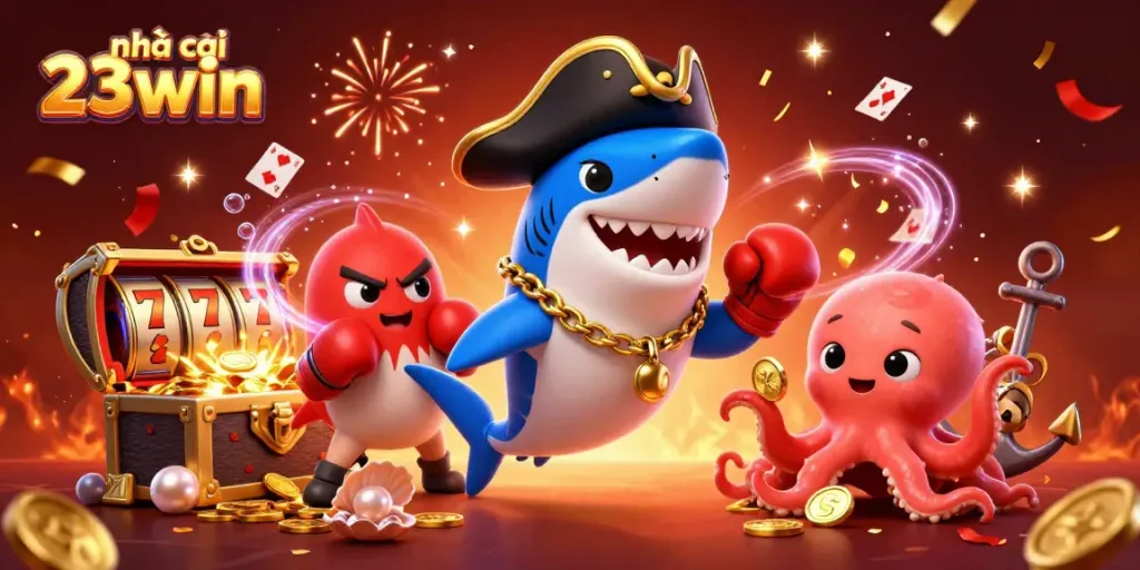 Play exciting games at nhà cái 23win featuring a dynamic scene of cartoon characters and casino elements.