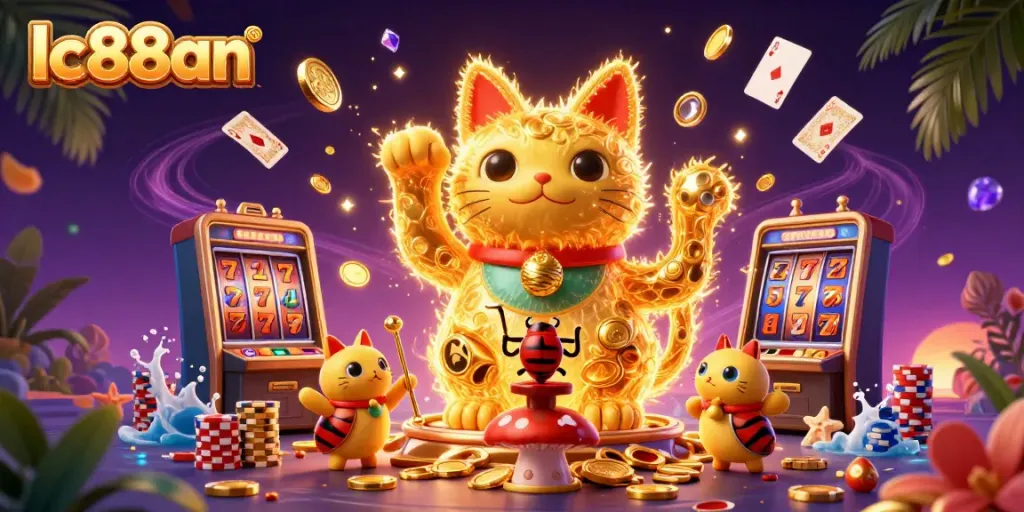 Experience the excitement of online gambling with lc88an's vibrant casino illustration featuring lucky symbols and dynamic elements.