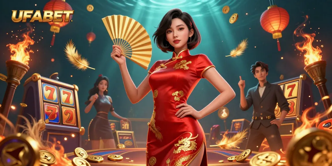 Bet on exciting slots at UFABET featuring a beautiful Asian woman in a stunning qipao surrounded by gold coins.