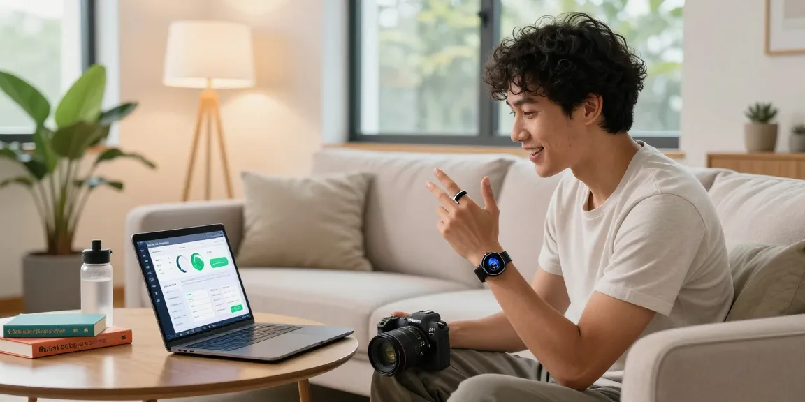 Individual showcasing a smart ring while exploring health apps on a laptop in a modern living room.