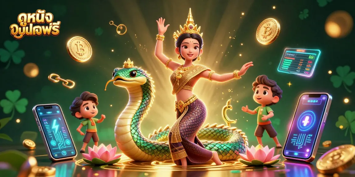 Engage in ดูหนังออนไลน์ฟรี with vibrant illustrations of a Thai dancer, Naga serpent, and crypto elements.
