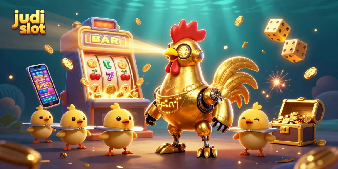 Experience the thrill of judi slot with golden rooster robots and exploding jackpots in this vibrant scene.