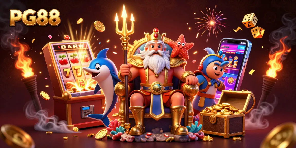 Engage with PG88's thrilling casino experience featuring Neptune and a vibrant slot machine.