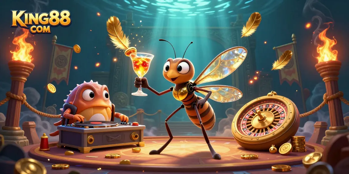 Engage with KING88 COM as the frozen mosquito casino mascot enjoys a golden cocktail in a dynamic gambling scene.