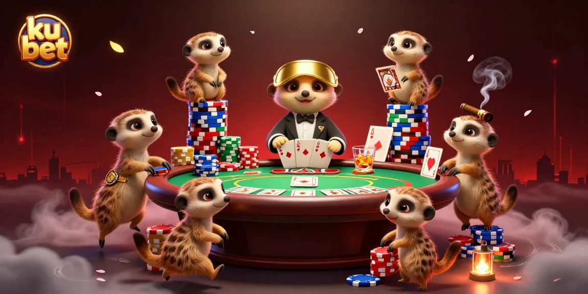 Engage in thrilling games at ku bet's vibrant casino atmosphere with card dealers and meerkats.